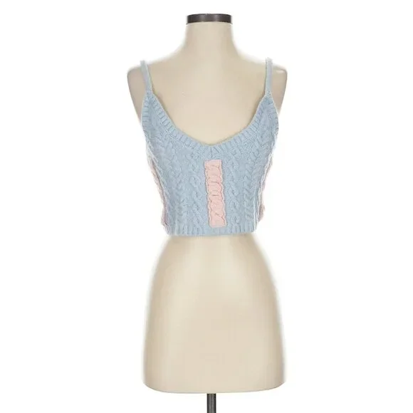 For Love & Lemons Blue & Pink Cable Knit 2-Piece Set Cropped Tank & Shrug XS/S - Picture 5 of 16